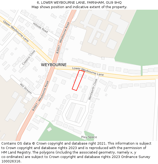 6, LOWER WEYBOURNE LANE, FARNHAM, GU9 9HQ: Location map and indicative extent of plot