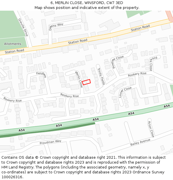 6, MERLIN CLOSE, WINSFORD, CW7 3ED: Location map and indicative extent of plot