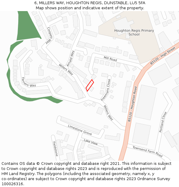 6, MILLERS WAY, HOUGHTON REGIS, DUNSTABLE, LU5 5FA: Location map and indicative extent of plot