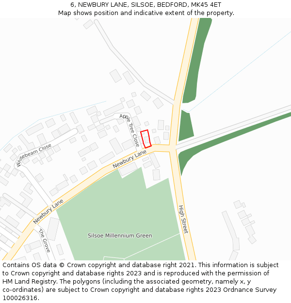 6, NEWBURY LANE, SILSOE, BEDFORD, MK45 4ET: Location map and indicative extent of plot