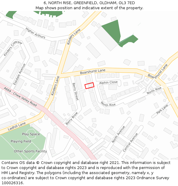 6, NORTH RISE, GREENFIELD, OLDHAM, OL3 7ED: Location map and indicative extent of plot