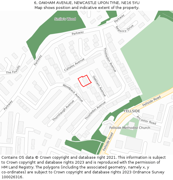 6, OAKHAM AVENUE, NEWCASTLE UPON TYNE, NE16 5YU: Location map and indicative extent of plot