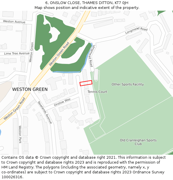 6, ONSLOW CLOSE, THAMES DITTON, KT7 0JH: Location map and indicative extent of plot