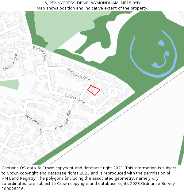 6, PENNYCRESS DRIVE, WYMONDHAM, NR18 0YD: Location map and indicative extent of plot