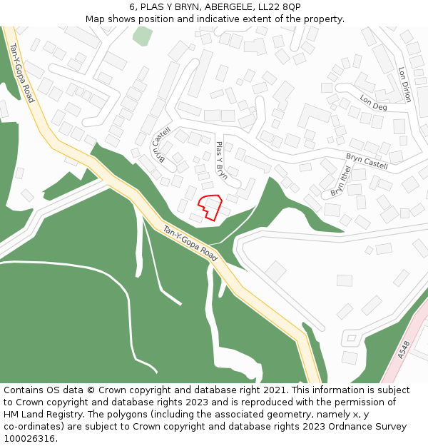 6, PLAS Y BRYN, ABERGELE, LL22 8QP: Location map and indicative extent of plot