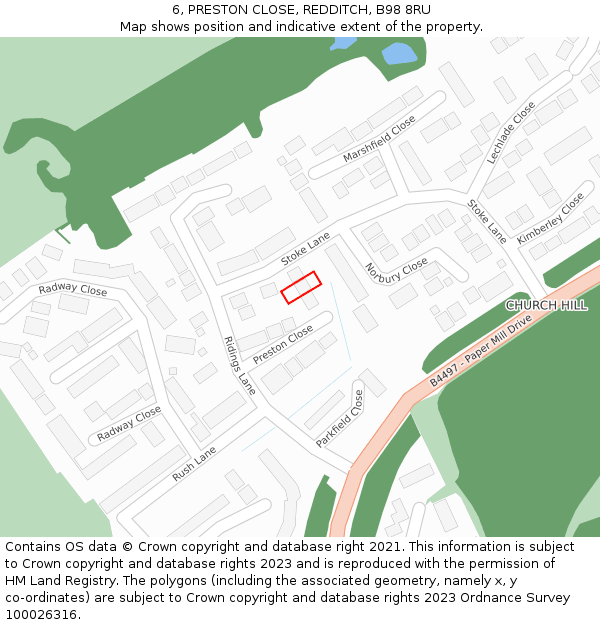 6, PRESTON CLOSE, REDDITCH, B98 8RU: Location map and indicative extent of plot
