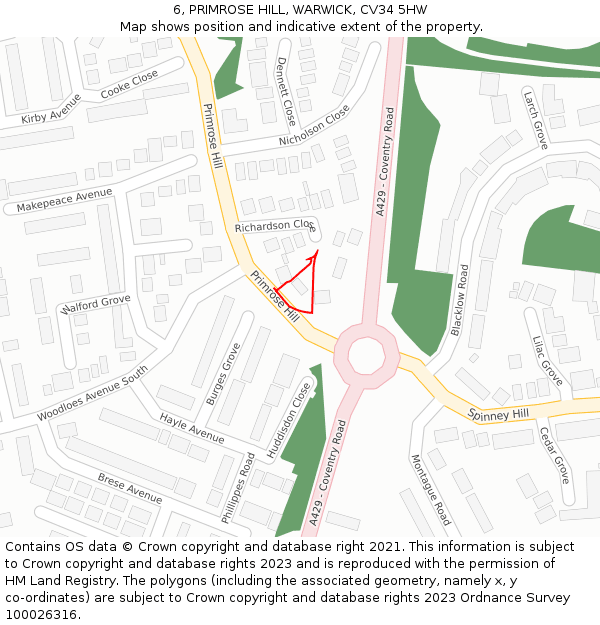 6, PRIMROSE HILL, WARWICK, CV34 5HW: Location map and indicative extent of plot