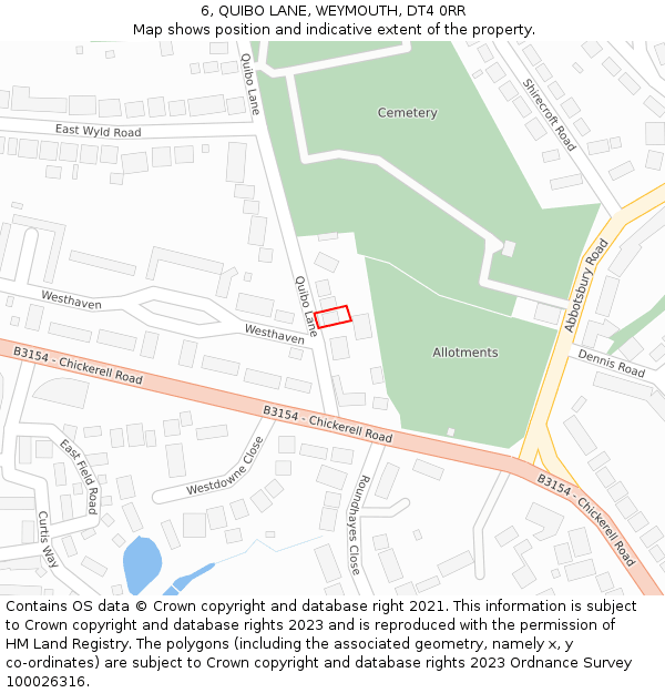 6, QUIBO LANE, WEYMOUTH, DT4 0RR: Location map and indicative extent of plot