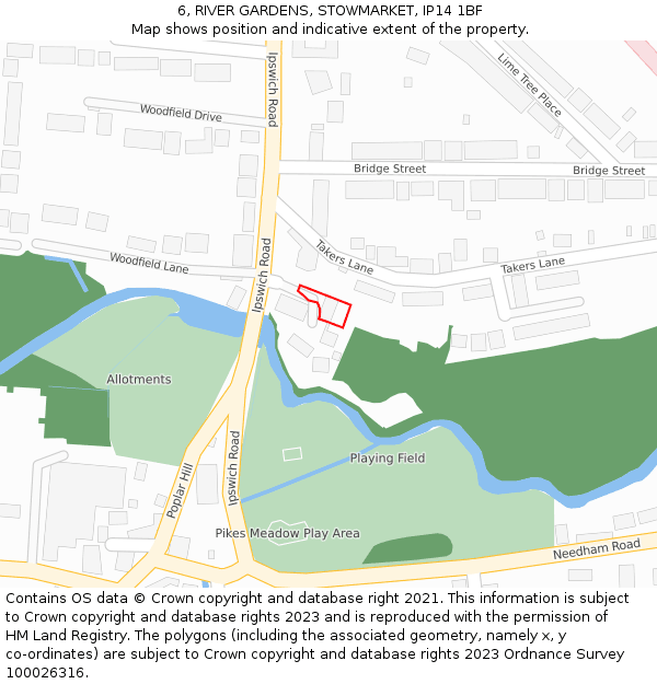 6, RIVER GARDENS, STOWMARKET, IP14 1BF: Location map and indicative extent of plot