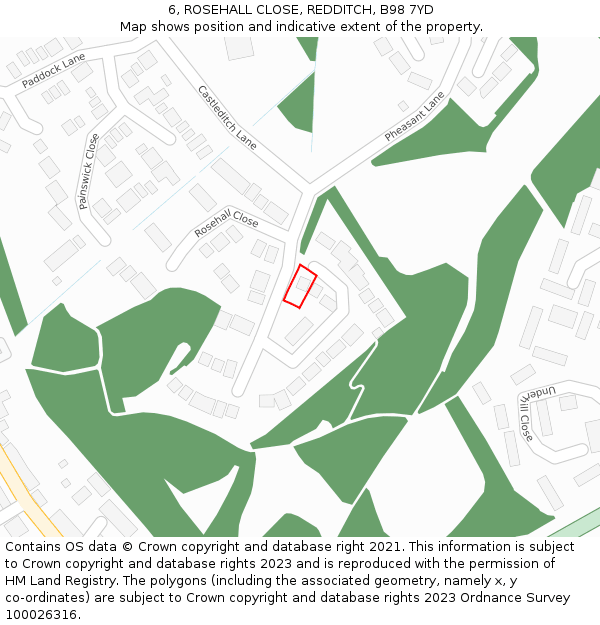 6, ROSEHALL CLOSE, REDDITCH, B98 7YD: Location map and indicative extent of plot