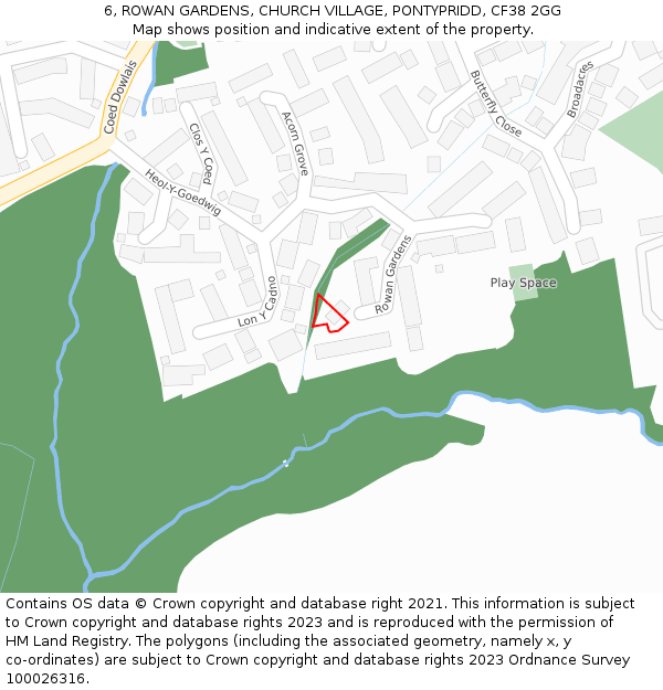 6, ROWAN GARDENS, CHURCH VILLAGE, PONTYPRIDD, CF38 2GG: Location map and indicative extent of plot