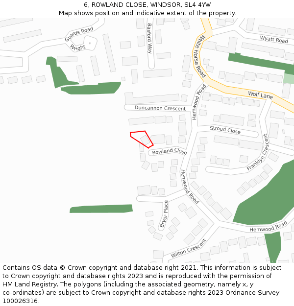 6, ROWLAND CLOSE, WINDSOR, SL4 4YW: Location map and indicative extent of plot