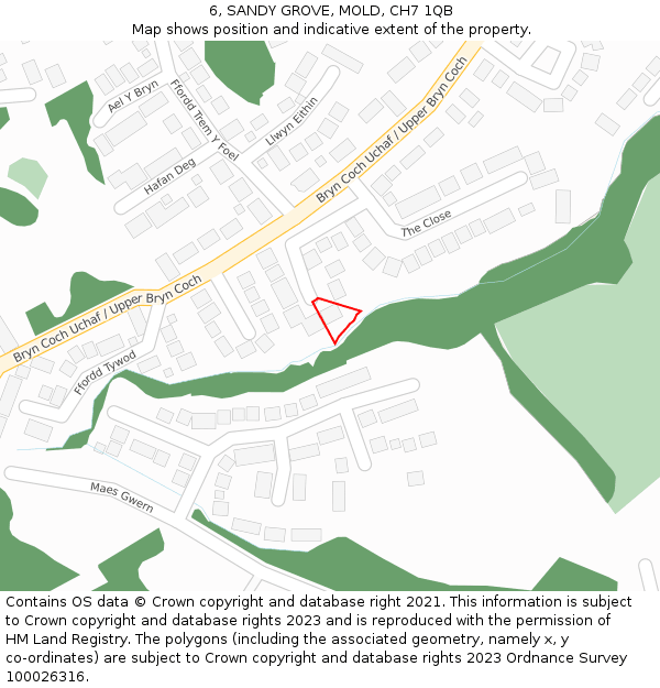 6, SANDY GROVE, MOLD, CH7 1QB: Location map and indicative extent of plot