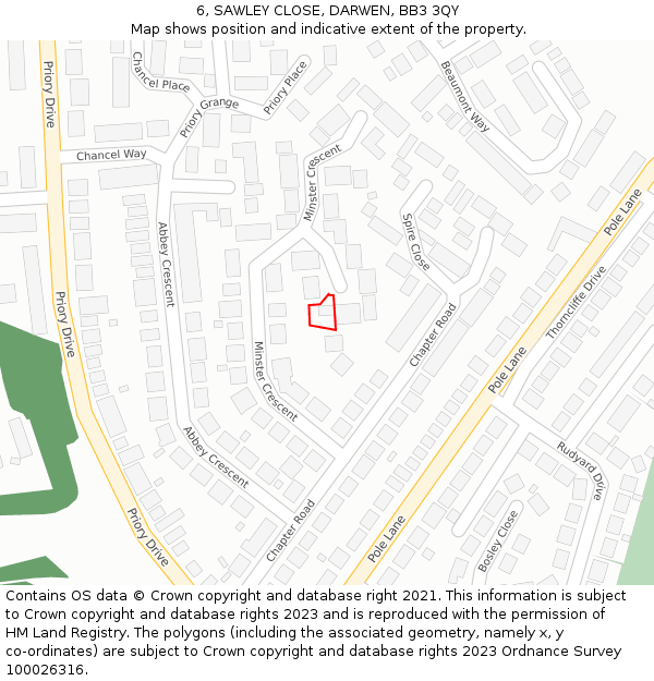 6, SAWLEY CLOSE, DARWEN, BB3 3QY: Location map and indicative extent of plot