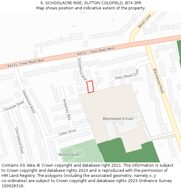 6, SCHOOLACRE RISE, SUTTON COLDFIELD, B74 3PR: Location map and indicative extent of plot