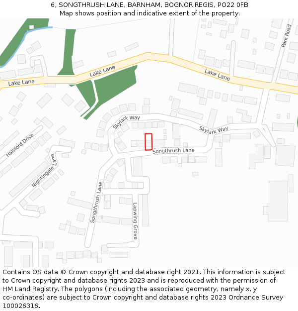 6, SONGTHRUSH LANE, BARNHAM, BOGNOR REGIS, PO22 0FB: Location map and indicative extent of plot