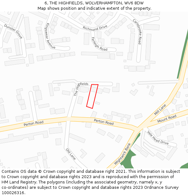 6, THE HIGHFIELDS, WOLVERHAMPTON, WV6 8DW: Location map and indicative extent of plot