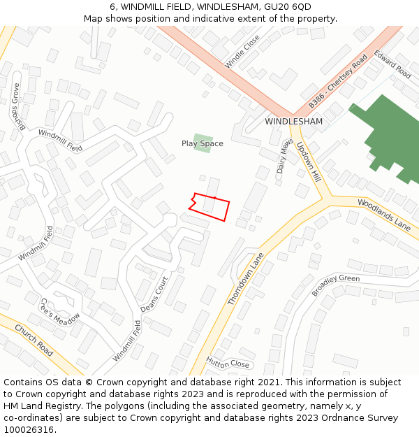 6, WINDMILL FIELD, WINDLESHAM, GU20 6QD: Location map and indicative extent of plot