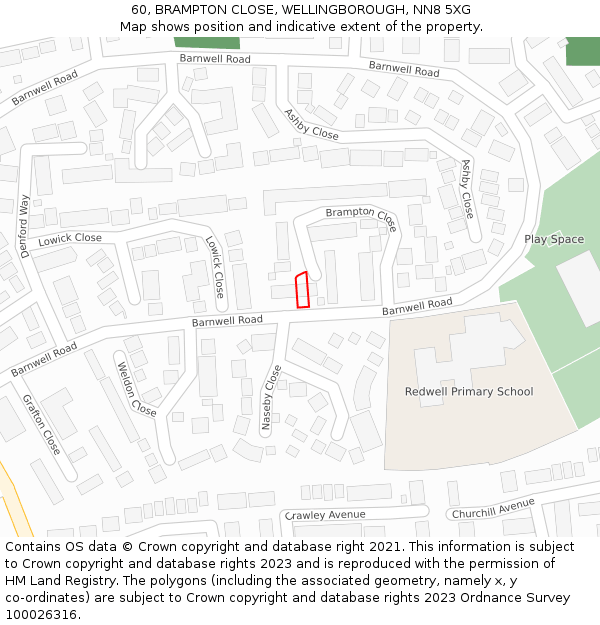 60, BRAMPTON CLOSE, WELLINGBOROUGH, NN8 5XG: Location map and indicative extent of plot