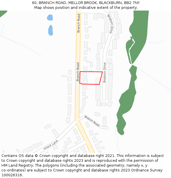 60, BRANCH ROAD, MELLOR BROOK, BLACKBURN, BB2 7NY: Location map and indicative extent of plot