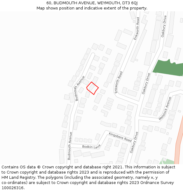 60, BUDMOUTH AVENUE, WEYMOUTH, DT3 6QJ: Location map and indicative extent of plot