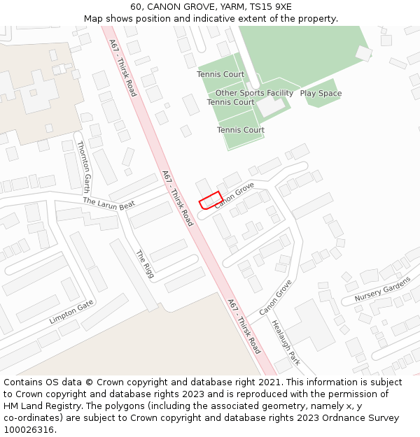 60, CANON GROVE, YARM, TS15 9XE: Location map and indicative extent of plot