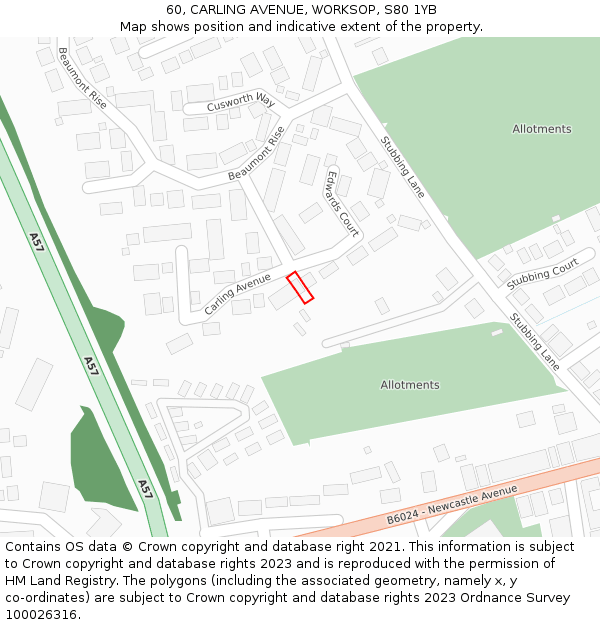 60, CARLING AVENUE, WORKSOP, S80 1YB: Location map and indicative extent of plot