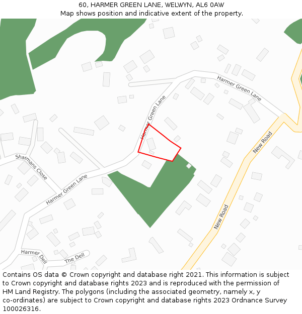 60, HARMER GREEN LANE, WELWYN, AL6 0AW: Location map and indicative extent of plot