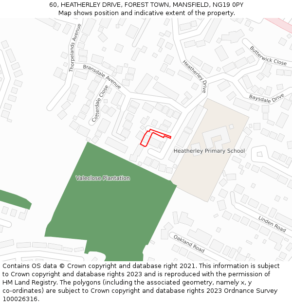 60, HEATHERLEY DRIVE, FOREST TOWN, MANSFIELD, NG19 0PY: Location map and indicative extent of plot