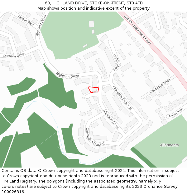 60, HIGHLAND DRIVE, STOKE-ON-TRENT, ST3 4TB: Location map and indicative extent of plot