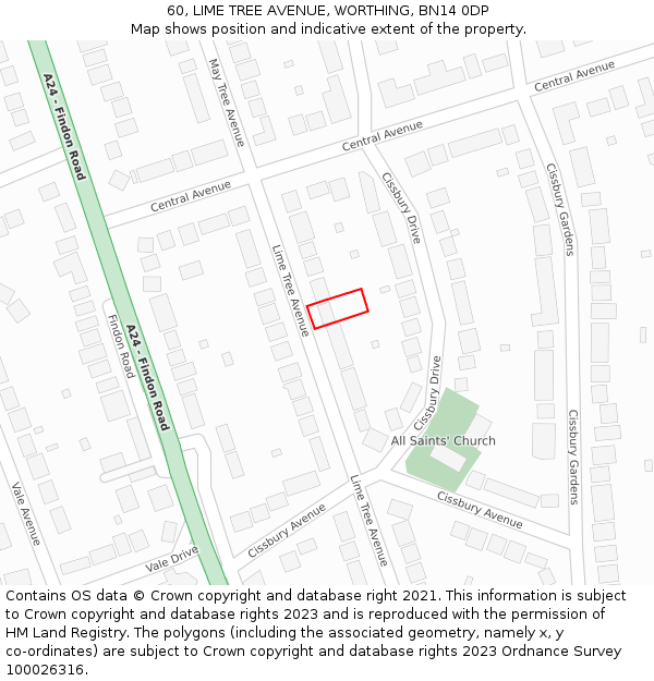 60, LIME TREE AVENUE, WORTHING, BN14 0DP: Location map and indicative extent of plot