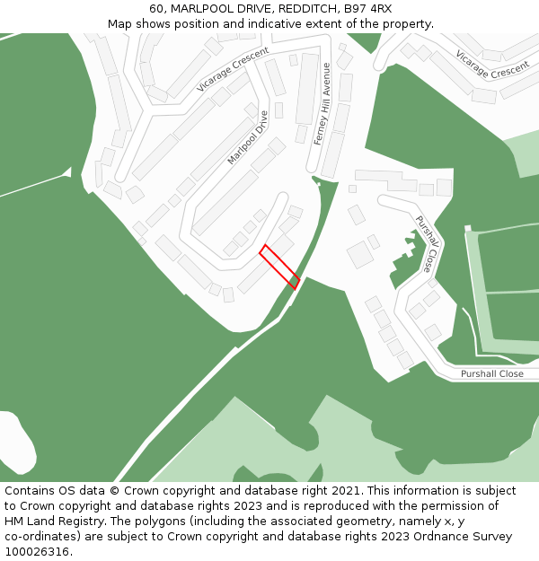 60, MARLPOOL DRIVE, REDDITCH, B97 4RX: Location map and indicative extent of plot
