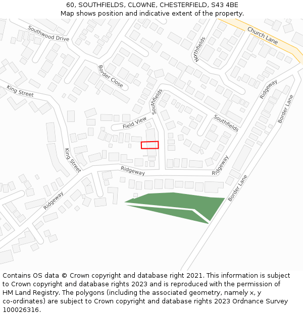 60, SOUTHFIELDS, CLOWNE, CHESTERFIELD, S43 4BE: Location map and indicative extent of plot