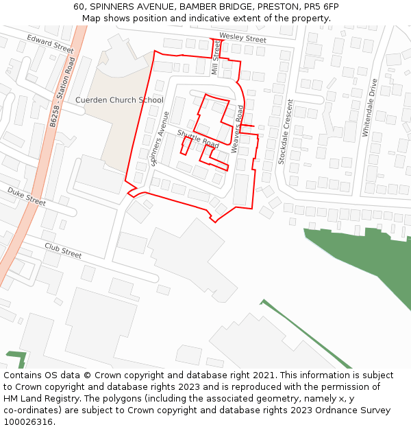 60, SPINNERS AVENUE, BAMBER BRIDGE, PRESTON, PR5 6FP: Location map and indicative extent of plot