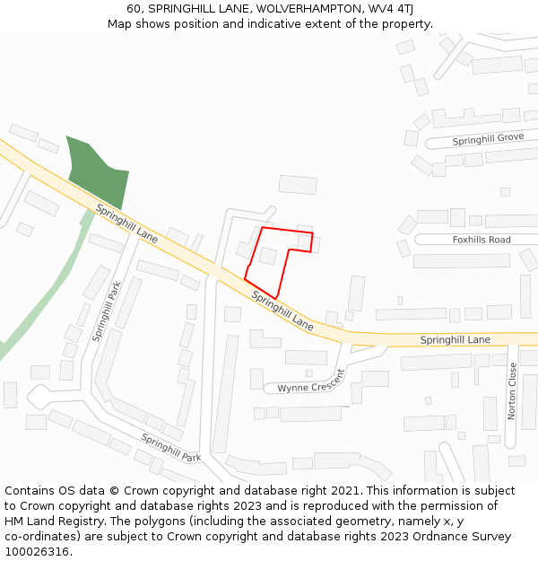 60, SPRINGHILL LANE, WOLVERHAMPTON, WV4 4TJ: Location map and indicative extent of plot