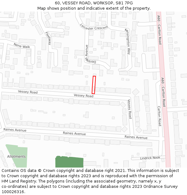 60, VESSEY ROAD, WORKSOP, S81 7PG: Location map and indicative extent of plot