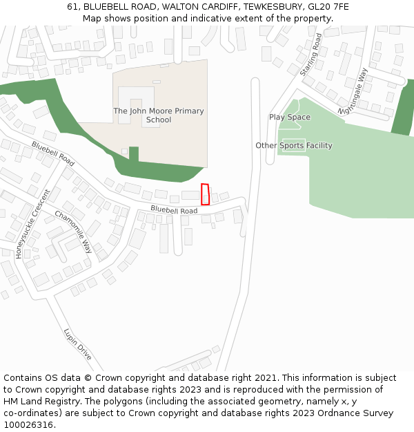 61, BLUEBELL ROAD, WALTON CARDIFF, TEWKESBURY, GL20 7FE: Location map and indicative extent of plot