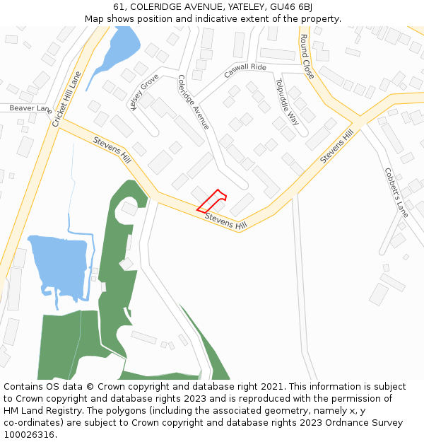 61, COLERIDGE AVENUE, YATELEY, GU46 6BJ: Location map and indicative extent of plot