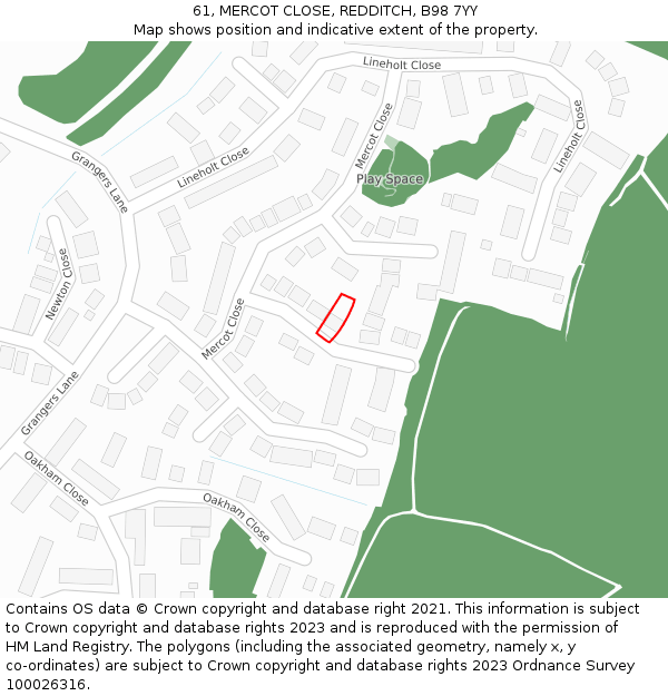 61, MERCOT CLOSE, REDDITCH, B98 7YY: Location map and indicative extent of plot