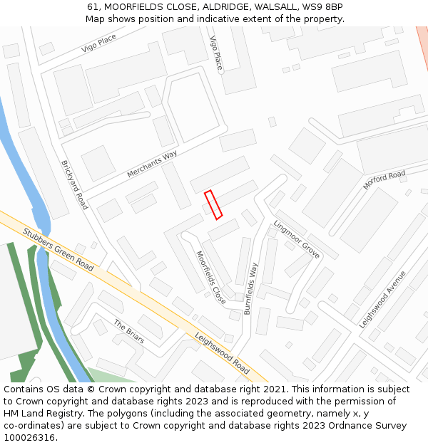 61, MOORFIELDS CLOSE, ALDRIDGE, WALSALL, WS9 8BP: Location map and indicative extent of plot