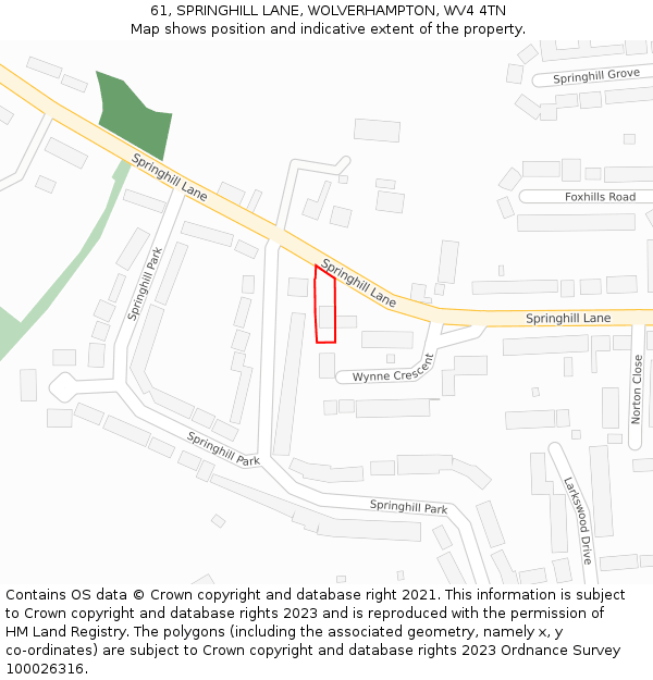 61, SPRINGHILL LANE, WOLVERHAMPTON, WV4 4TN: Location map and indicative extent of plot