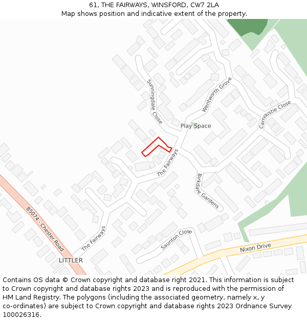 61, THE FAIRWAYS, WINSFORD, CW7 2LA: Location map and indicative extent of plot