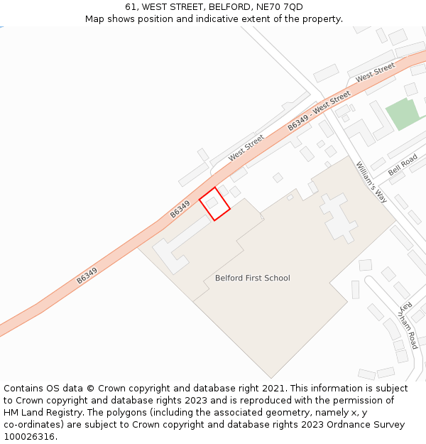 61, WEST STREET, BELFORD, NE70 7QD: Location map and indicative extent of plot