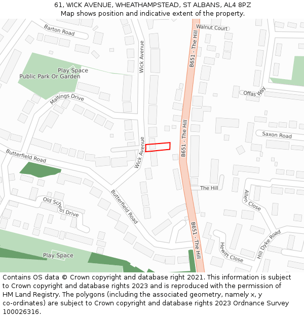 61, WICK AVENUE, WHEATHAMPSTEAD, ST ALBANS, AL4 8PZ: Location map and indicative extent of plot