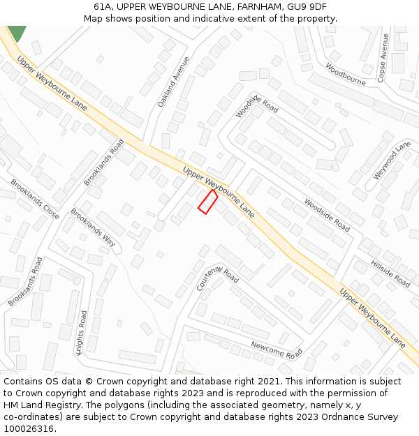 61A, UPPER WEYBOURNE LANE, FARNHAM, GU9 9DF: Location map and indicative extent of plot