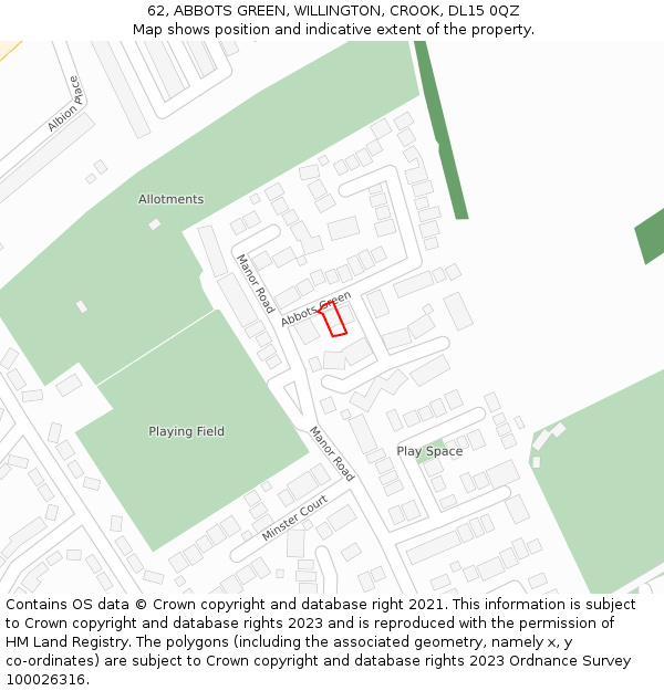 62, ABBOTS GREEN, WILLINGTON, CROOK, DL15 0QZ: Location map and indicative extent of plot