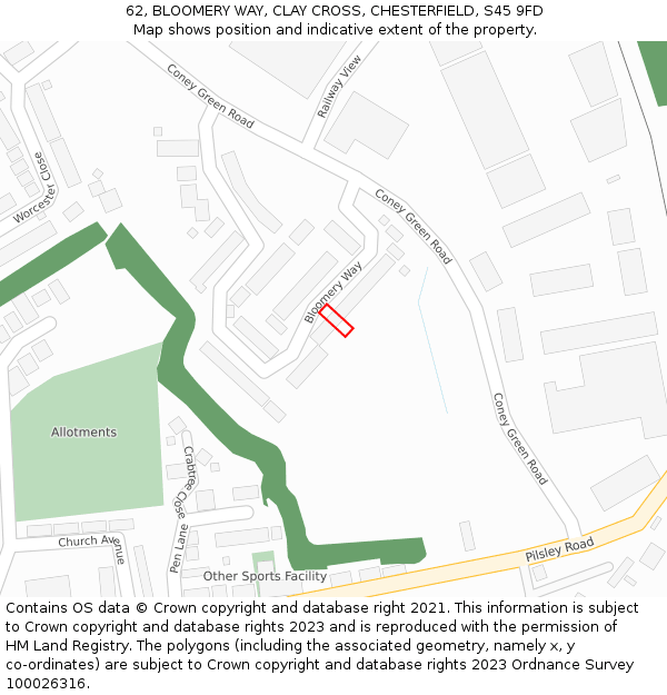 62, BLOOMERY WAY, CLAY CROSS, CHESTERFIELD, S45 9FD: Location map and indicative extent of plot