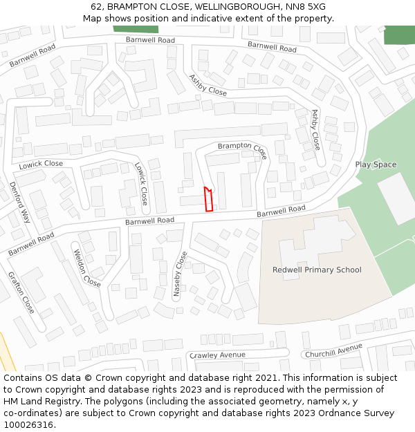 62, BRAMPTON CLOSE, WELLINGBOROUGH, NN8 5XG: Location map and indicative extent of plot