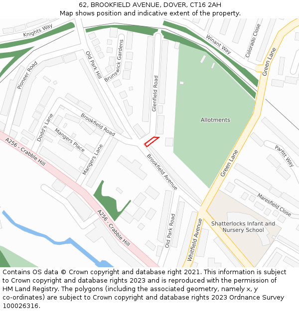 62, BROOKFIELD AVENUE, DOVER, CT16 2AH: Location map and indicative extent of plot