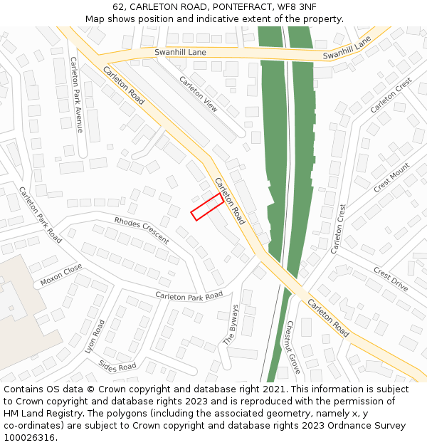 62, CARLETON ROAD, PONTEFRACT, WF8 3NF: Location map and indicative extent of plot